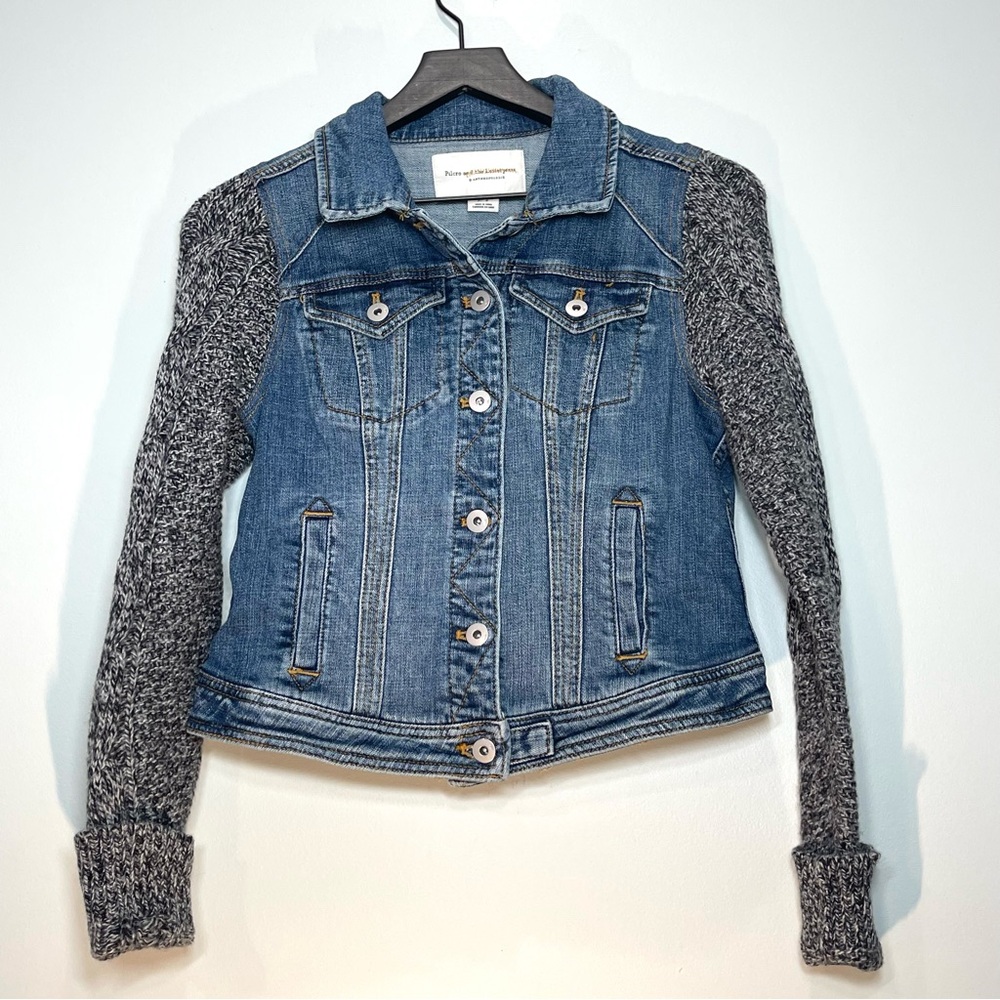 PILCRO ANTHROPOLOGIE Women's Blue Denim Jacket Knit Sweater Sleeves Size Small